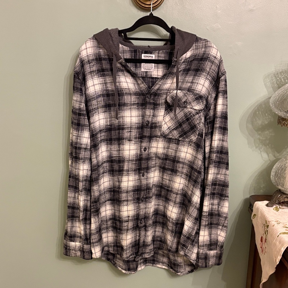 Sonoma Men’s XL Hooded Flannel Shirt Jacket Plaid Shacket Purple Gray